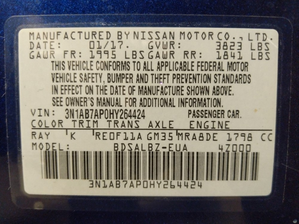 2017 Nissan Sentra - VIN Plate