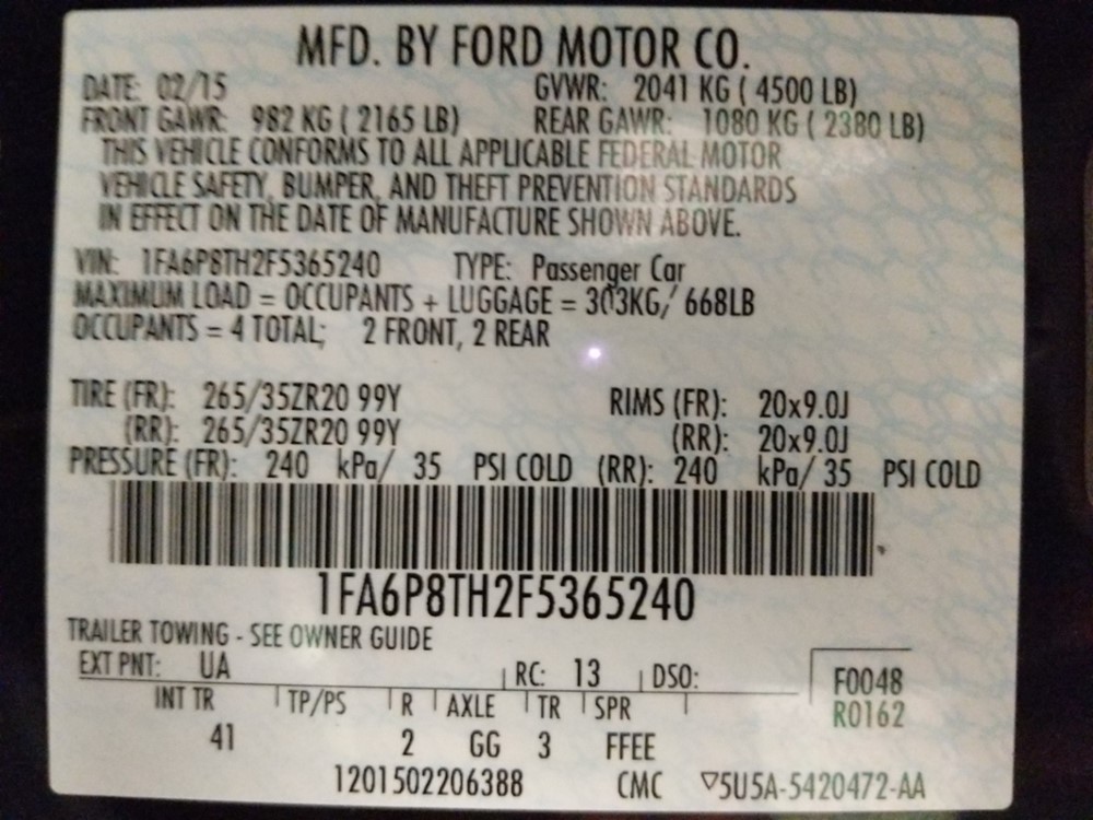 2015 Ford Mustang - VIN Plate