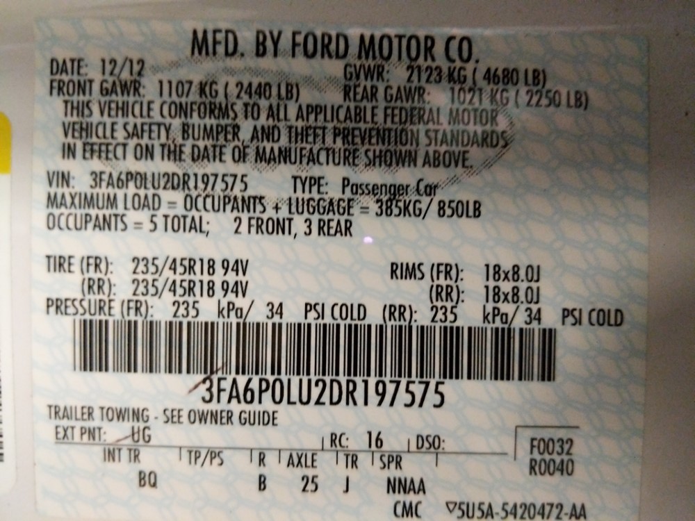 2013 Ford Fusion - VIN Plate
