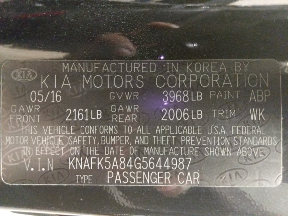 2016 Kia Forte5 - VIN Plate
