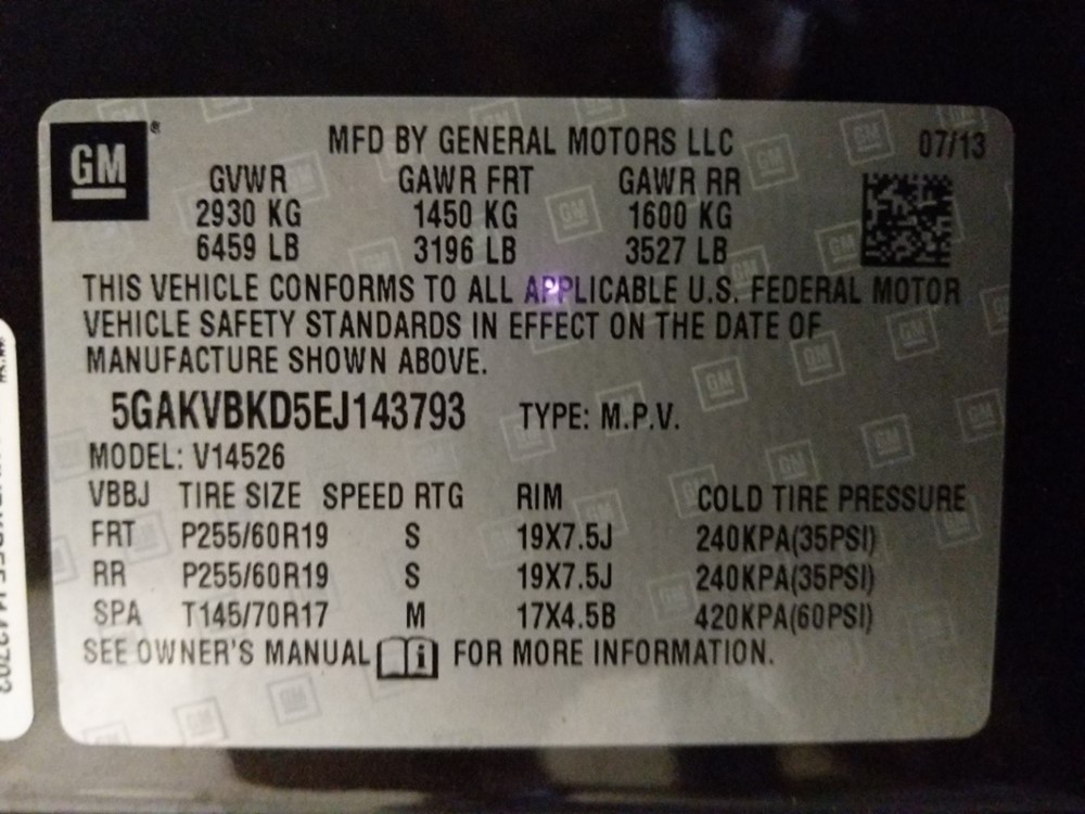 2014 Buick Enclave - VIN Plate