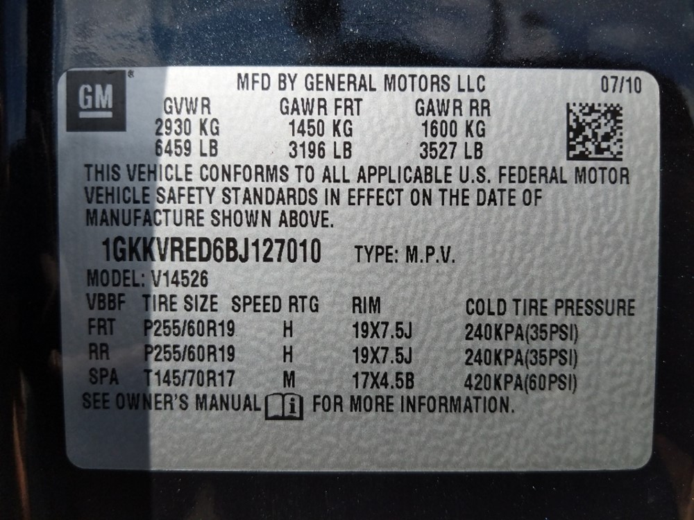 2011 GMC Acadia - VIN Plate