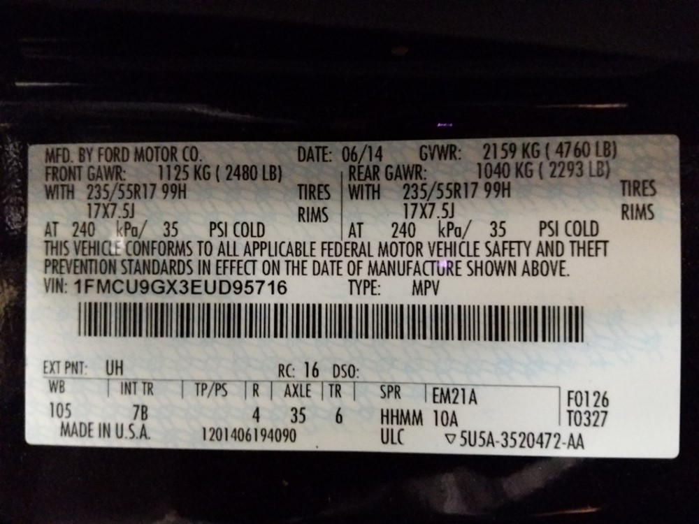 2014 Ford Escape - VIN Plate