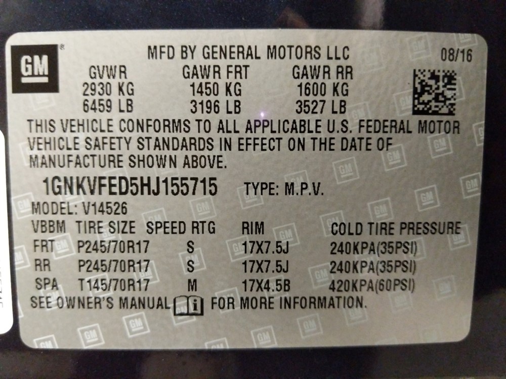 2017 Chevrolet Traverse - VIN Plate