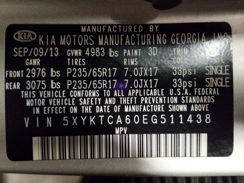 2014 Kia Sorento - VIN Plate