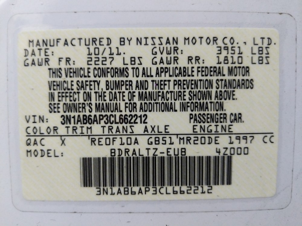 2012 Nissan Sentra - VIN Plate