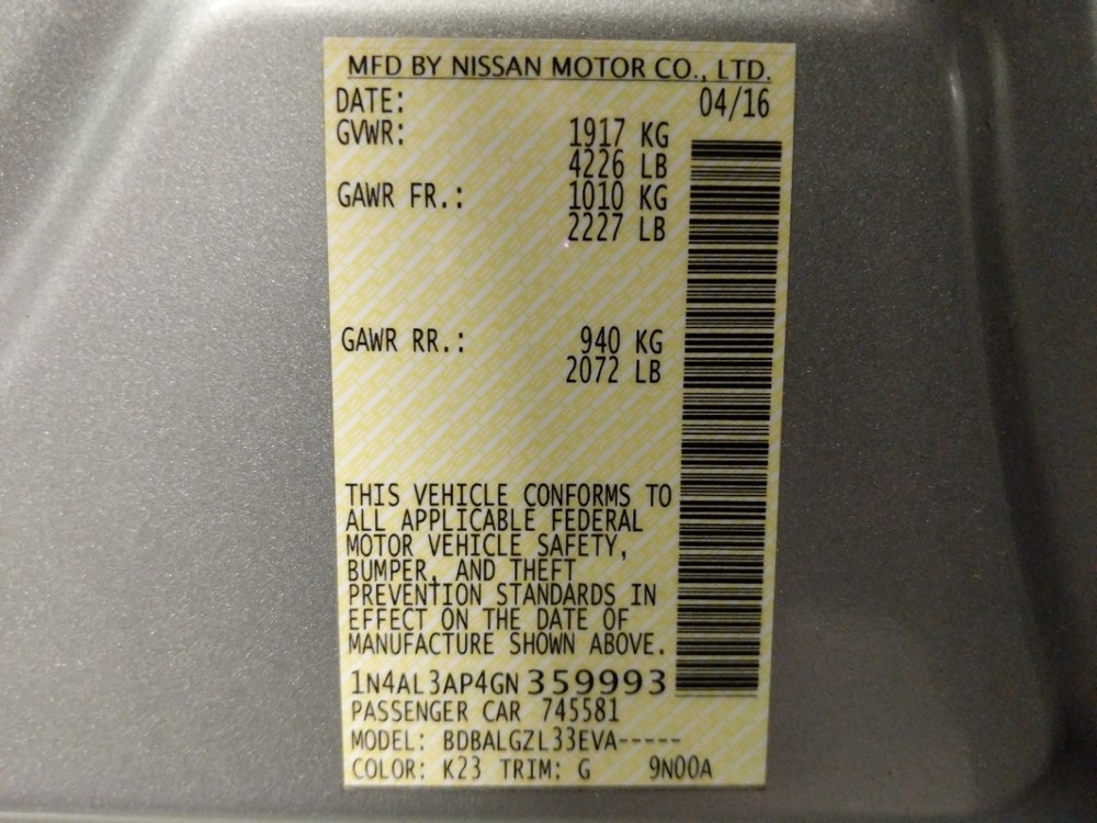 2016 Nissan Altima - VIN Plate
