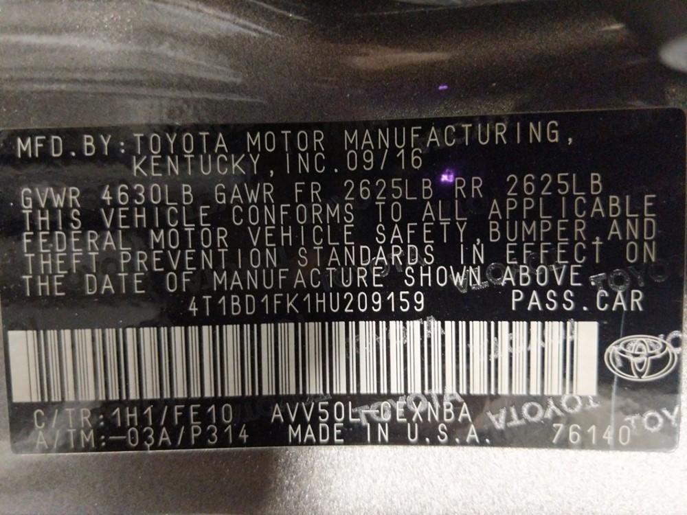2017 Toyota Camry - VIN Plate