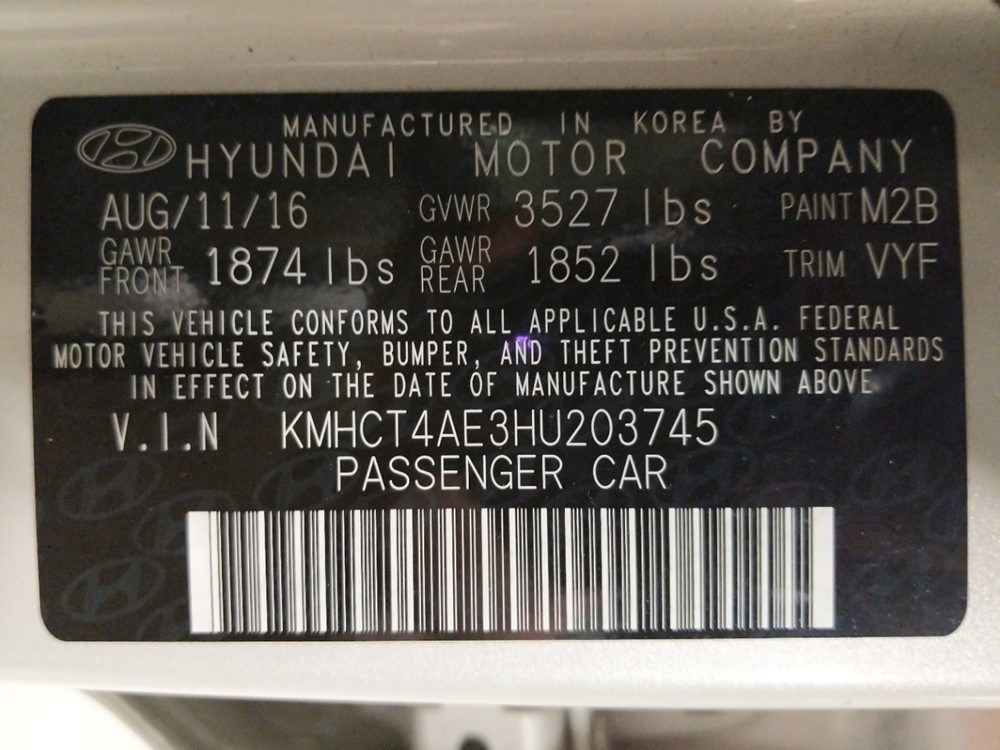 2017 Hyundai Accent - VIN Plate