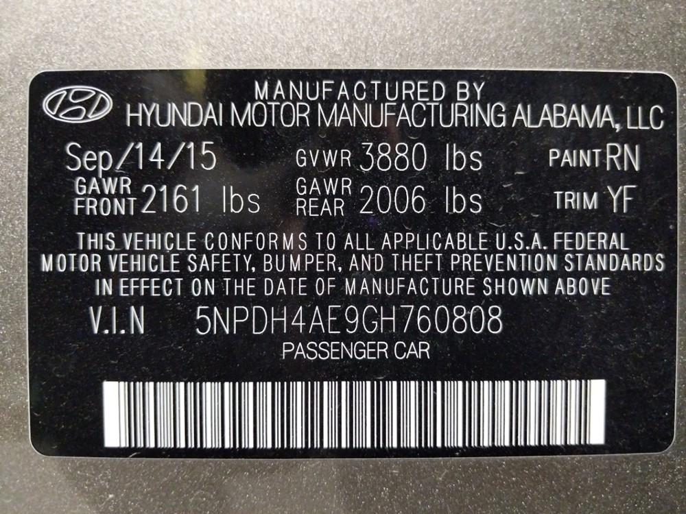 2016 Hyundai Elantra - VIN Plate