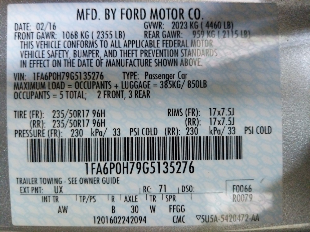 2016 Ford Fusion - VIN Plate