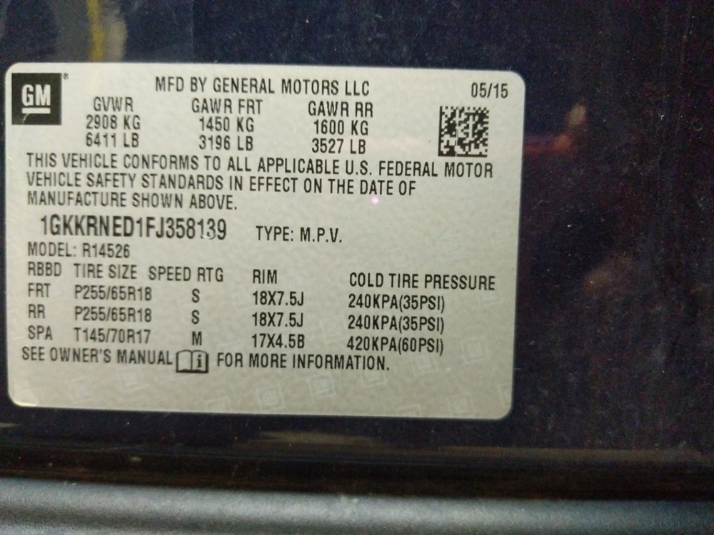 2015 GMC Acadia - VIN Plate