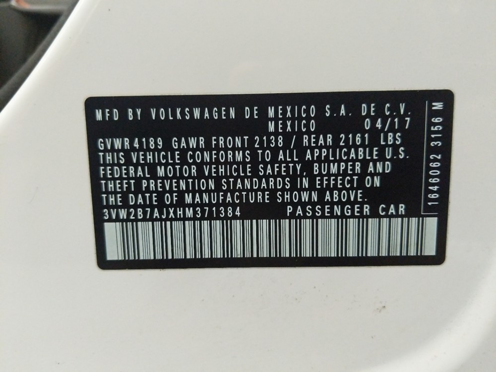 2017 Volkswagen Jetta - VIN Plate