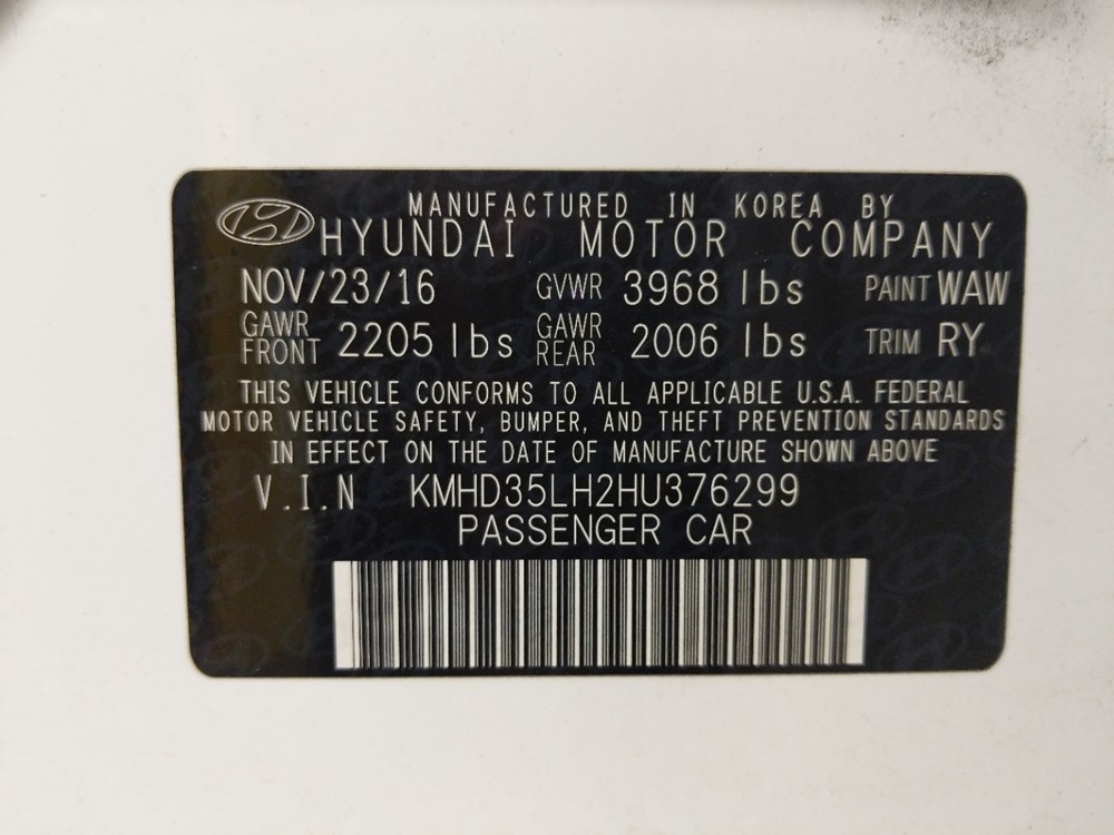 2017 Hyundai Elantra - VIN Plate