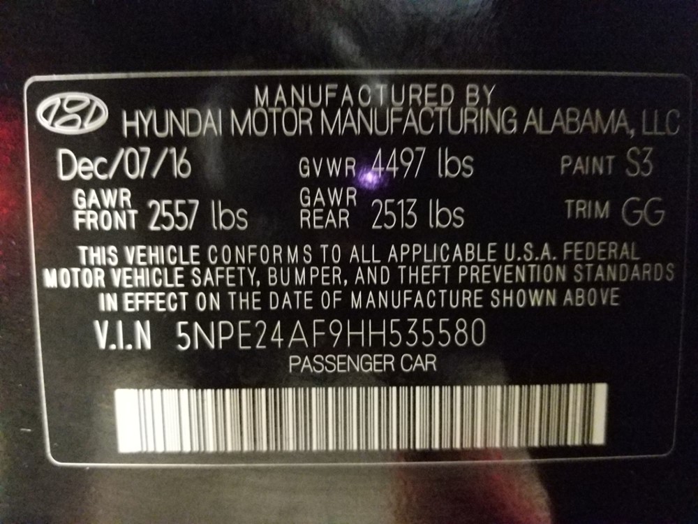 2017 Hyundai Sonata - VIN Plate