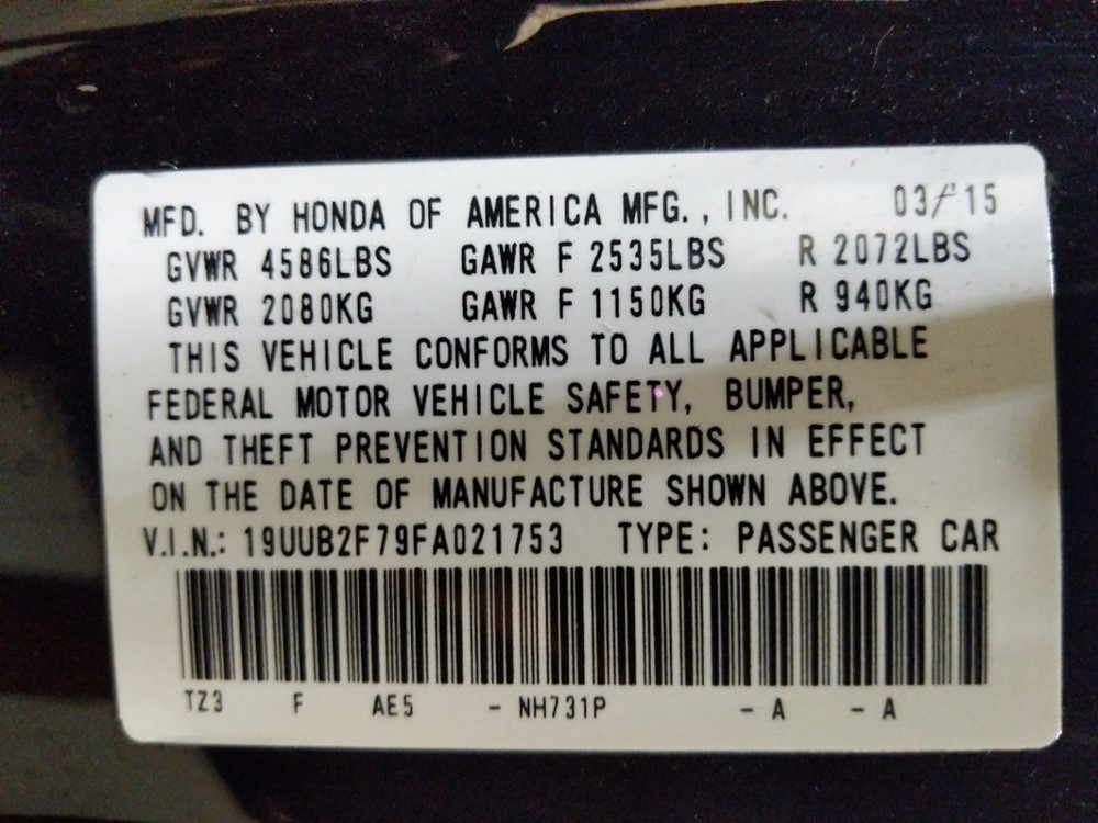 2015 Acura TLX - VIN Plate