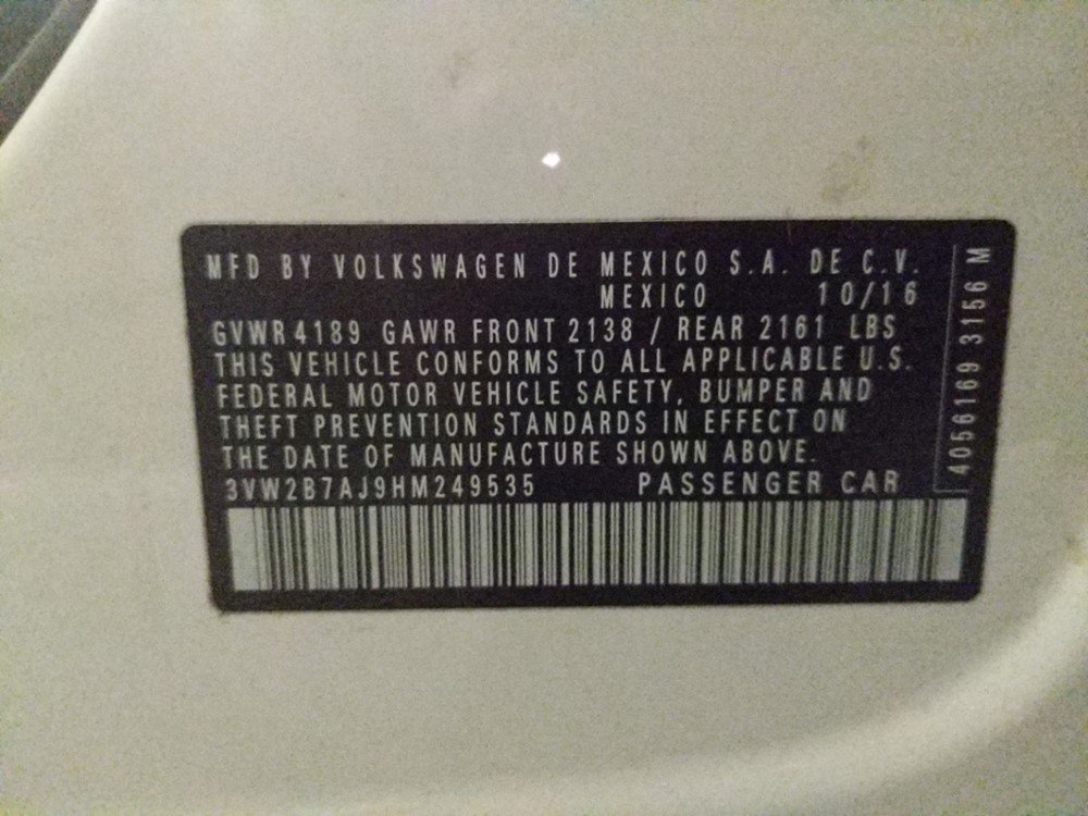 2017 Volkswagen Jetta - VIN Plate