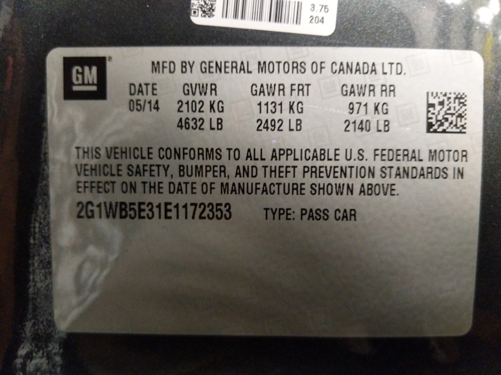2014 Chevrolet Impala - VIN Plate