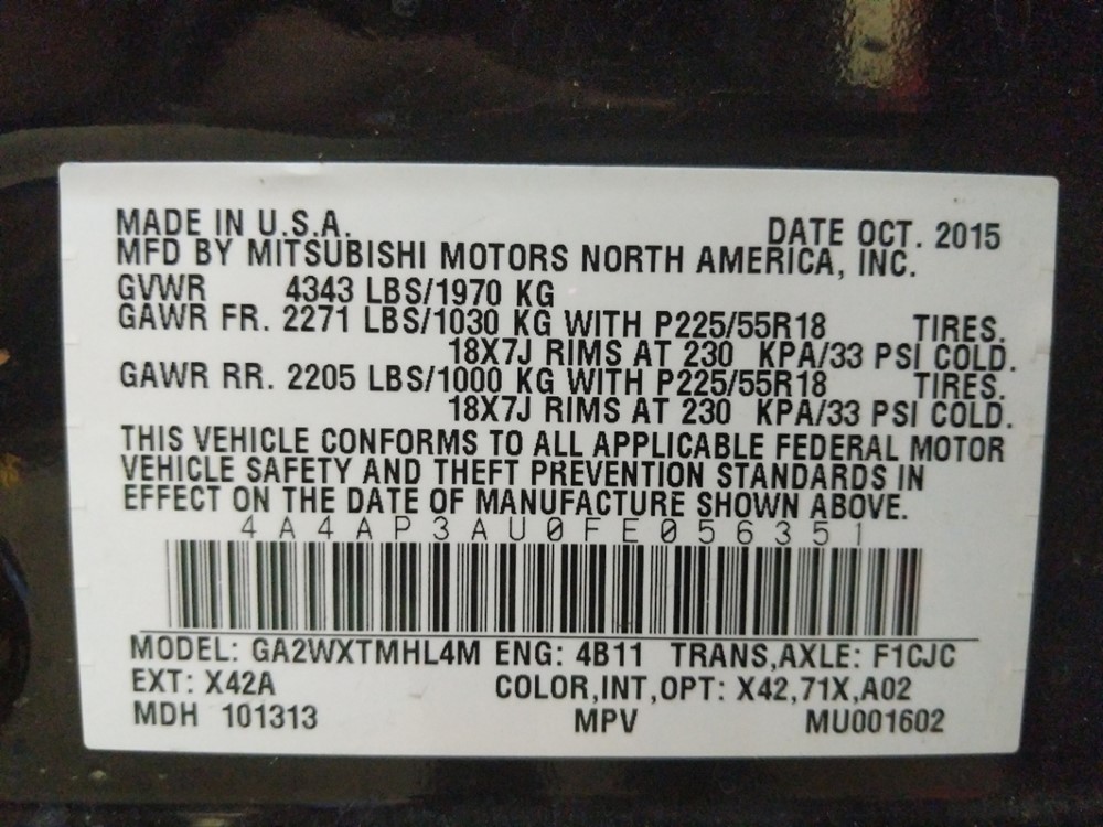 2015 Mitsubishi Outlander - VIN Plate