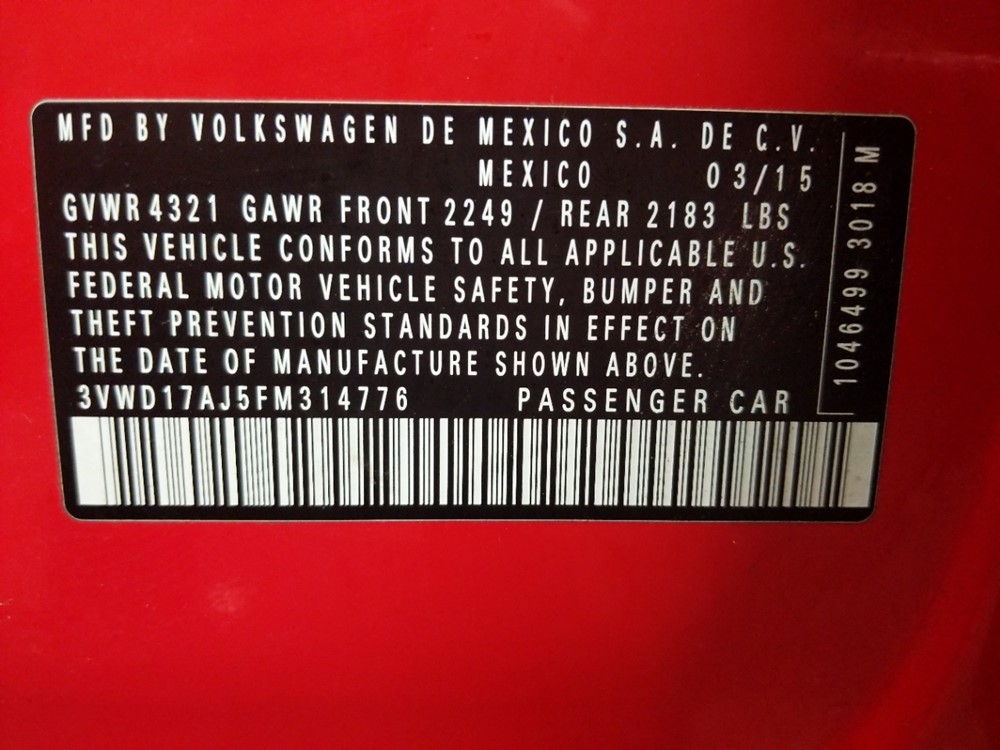 2015 Volkswagen Jetta - VIN Plate