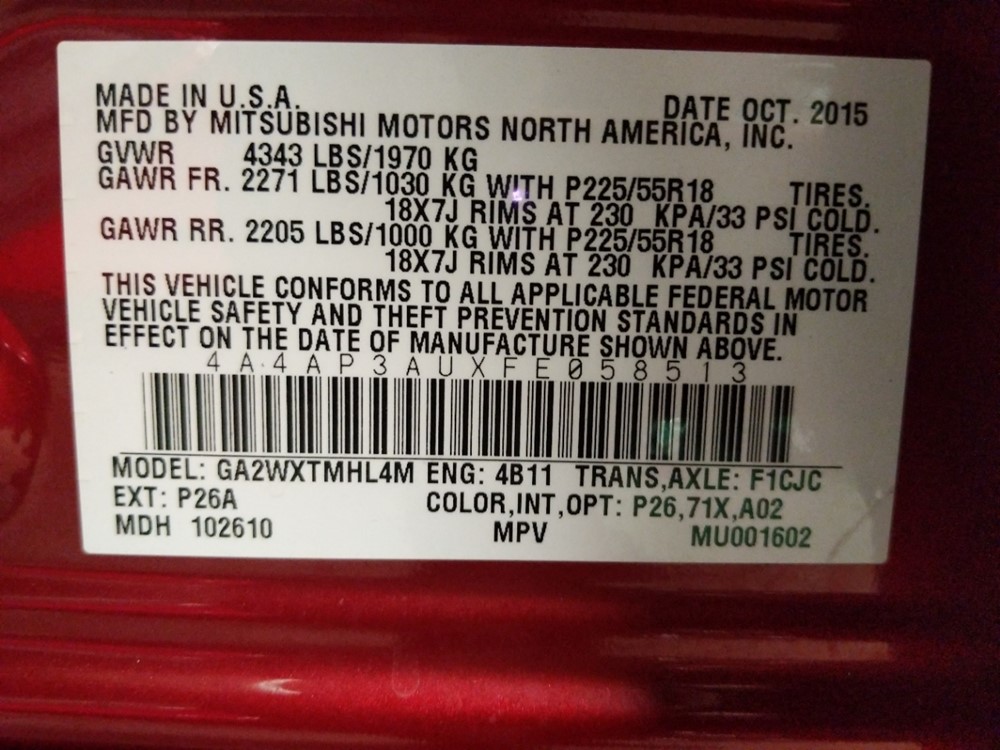 2015 Mitsubishi Outlander - VIN Plate