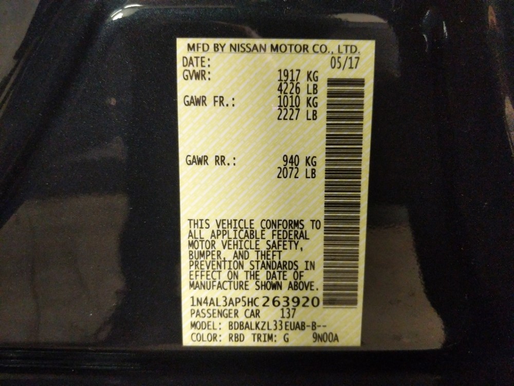 2017 Nissan Altima - VIN Plate