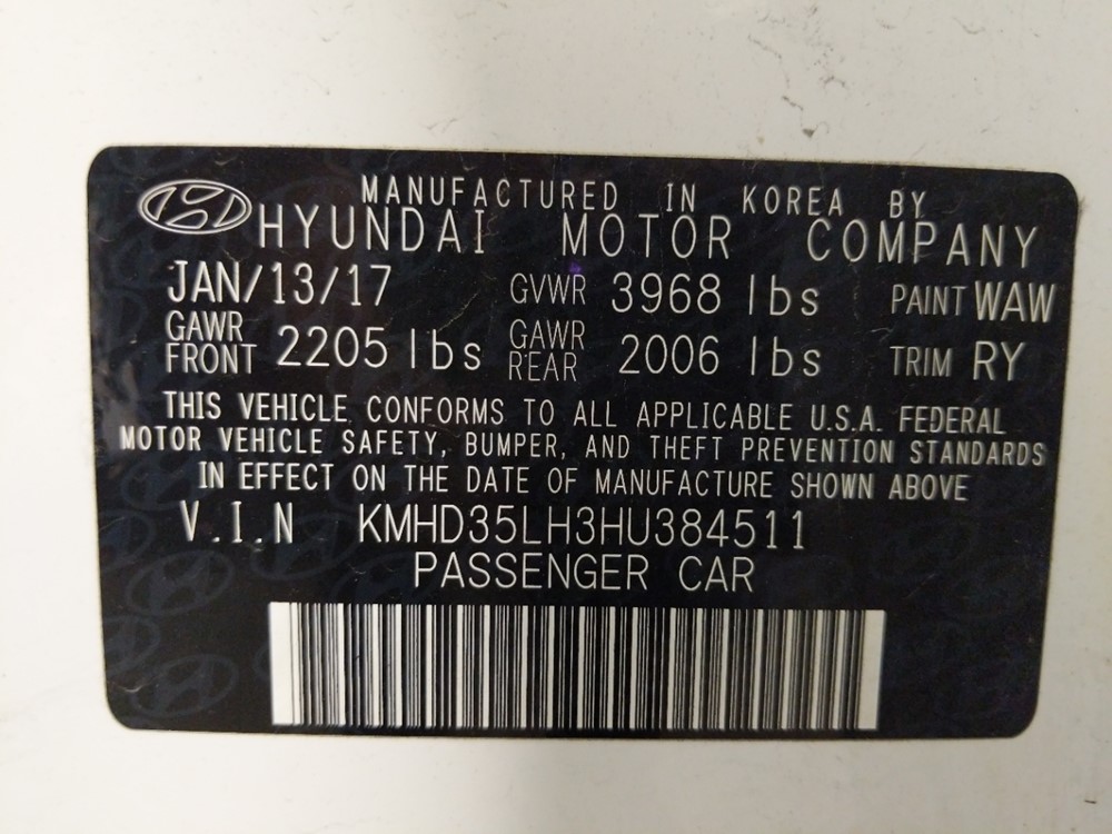 2017 Hyundai Elantra - VIN Plate