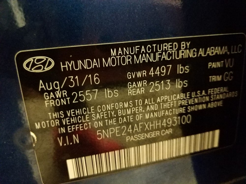 2017 Hyundai Sonata - VIN Plate