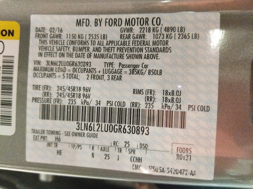 2016 Lincoln MKZ - VIN Plate