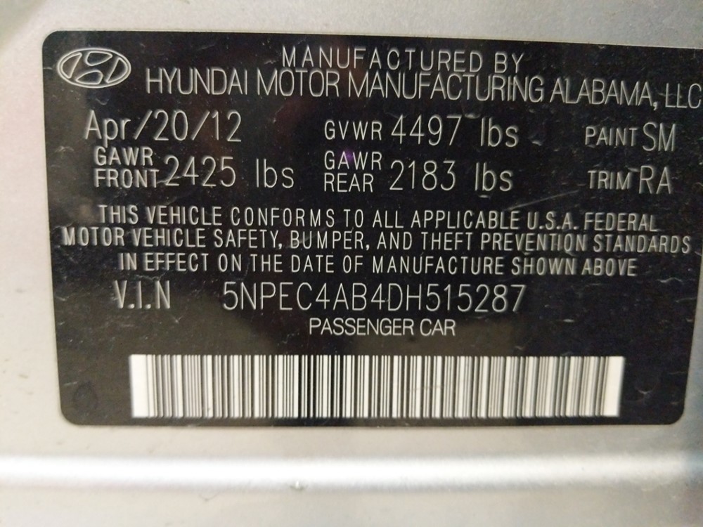 2013 Hyundai Sonata - VIN Plate