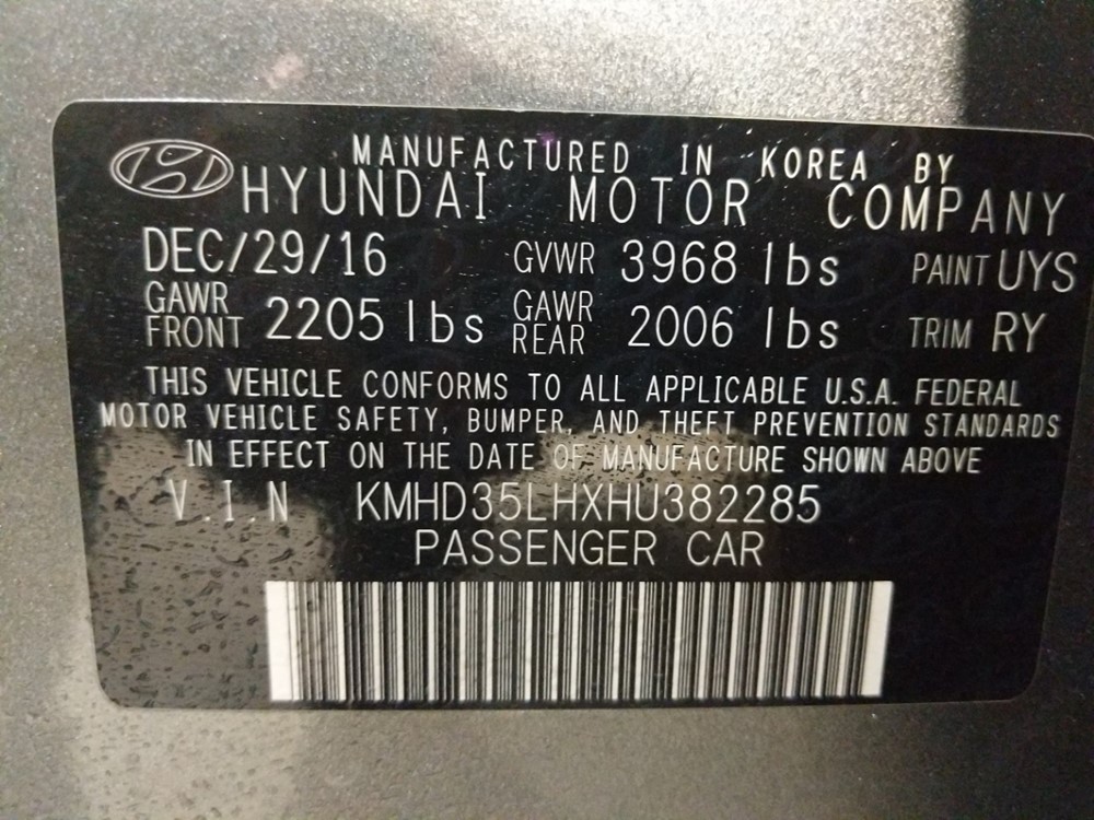 2017 Hyundai Elantra - VIN Plate