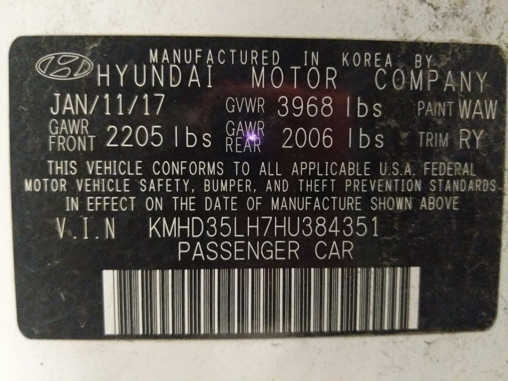 2017 Hyundai Elantra - VIN Plate