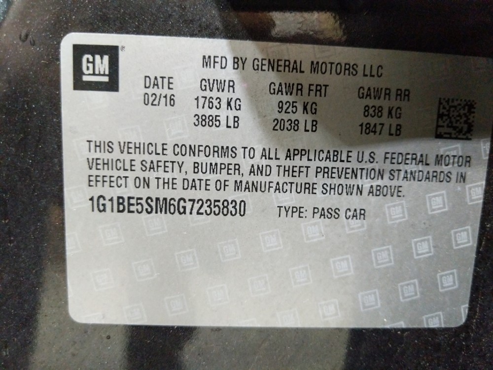 2016 Chevrolet Cruze - VIN Plate