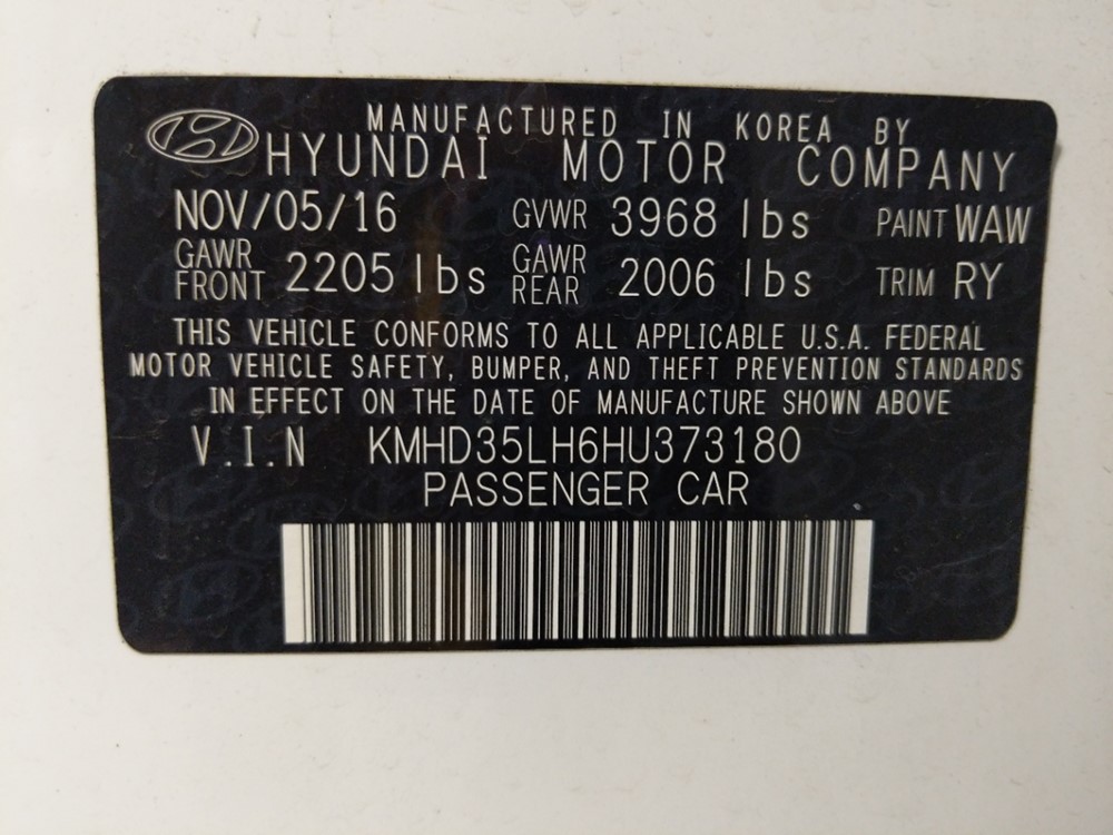 2017 Hyundai Elantra - VIN Plate