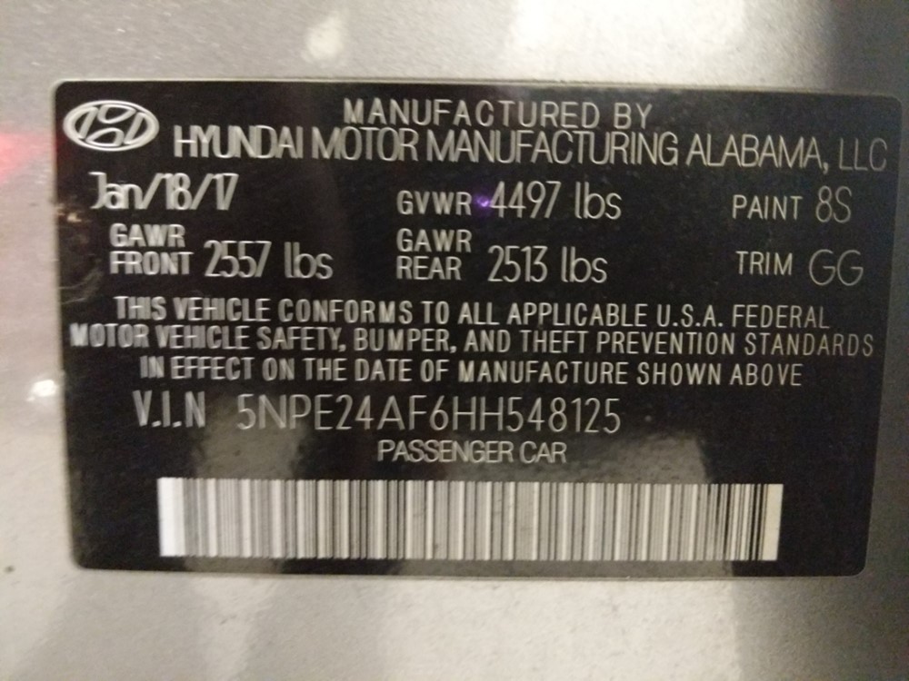 2017 Hyundai Sonata - VIN Plate