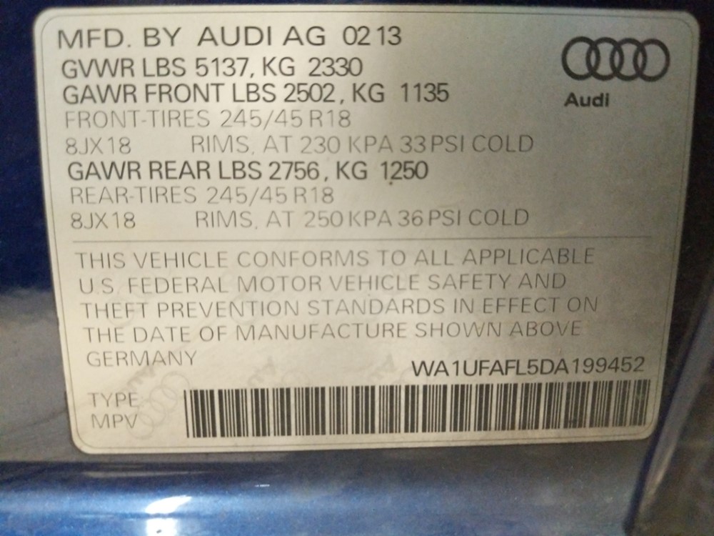 2013 Audi allroad - VIN Plate