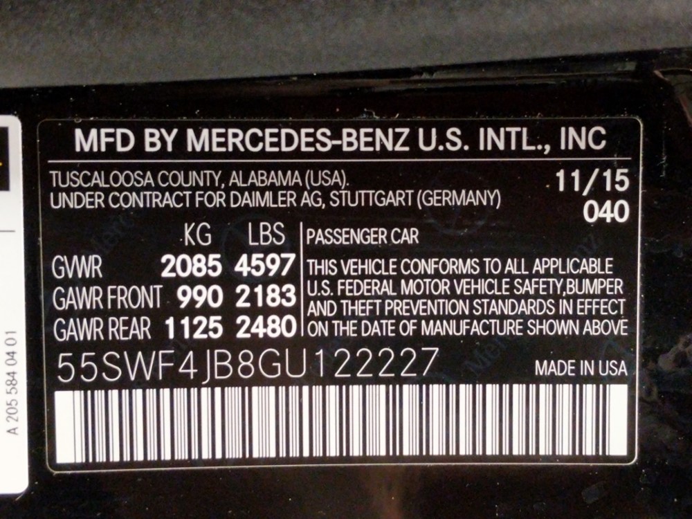 2016 Mercedes-Benz C300 - VIN Plate