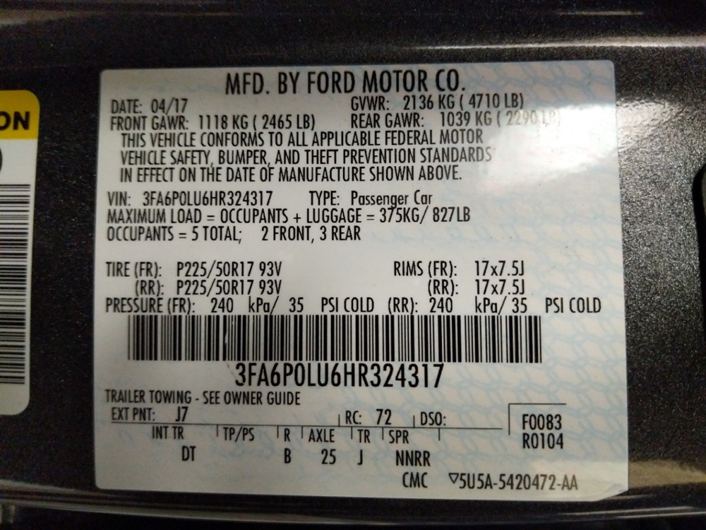 2017 Ford Fusion - VIN Plate