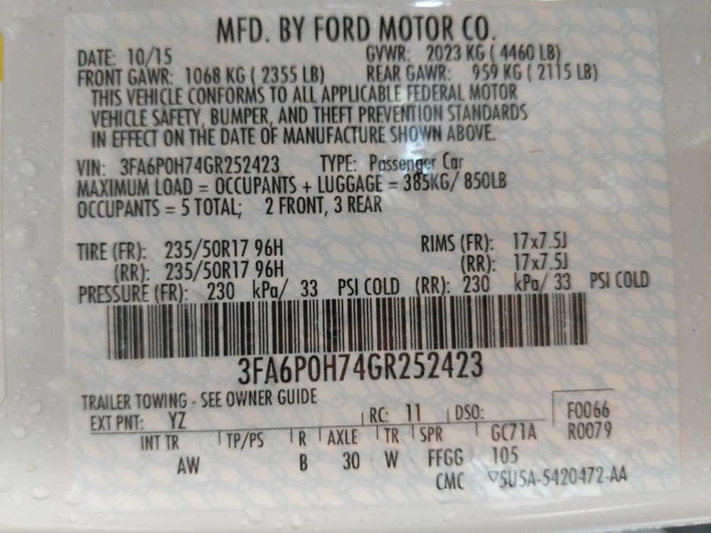 2016 Ford Fusion - VIN Plate