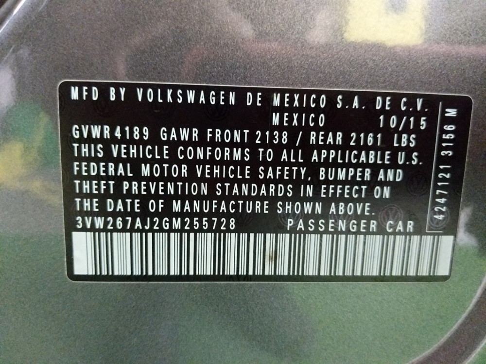 2016 Volkswagen Jetta - VIN Plate