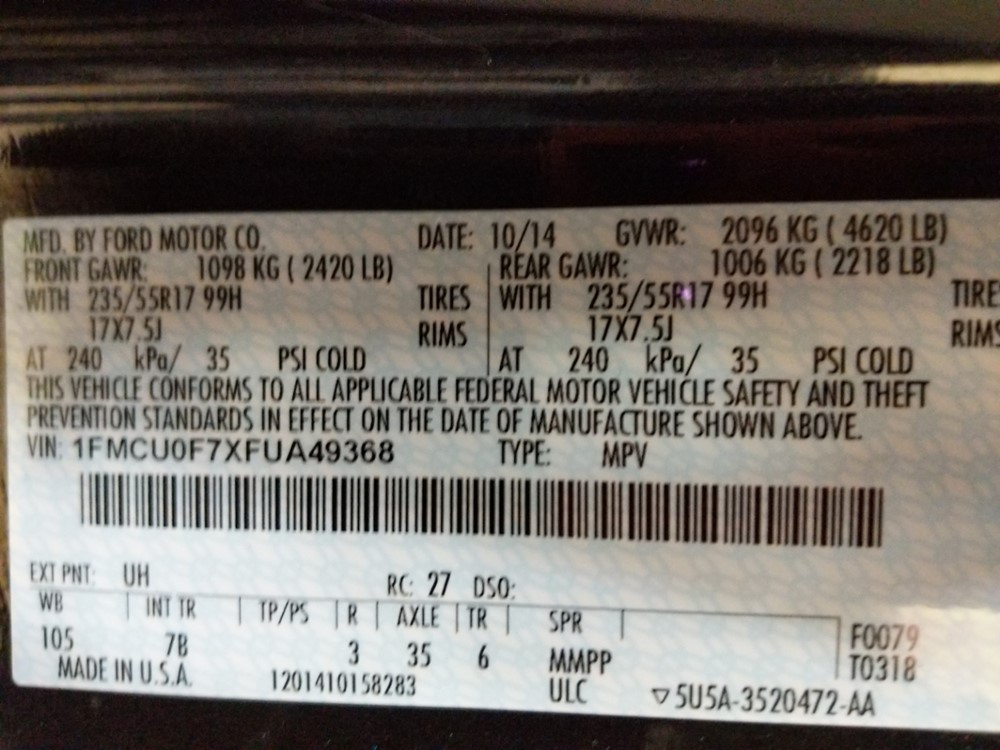 2015 Ford Escape - VIN Plate