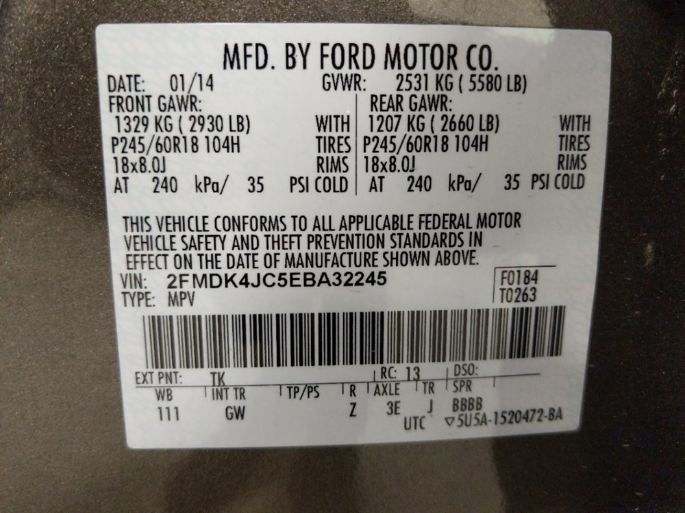 2014 Ford Edge - VIN Plate