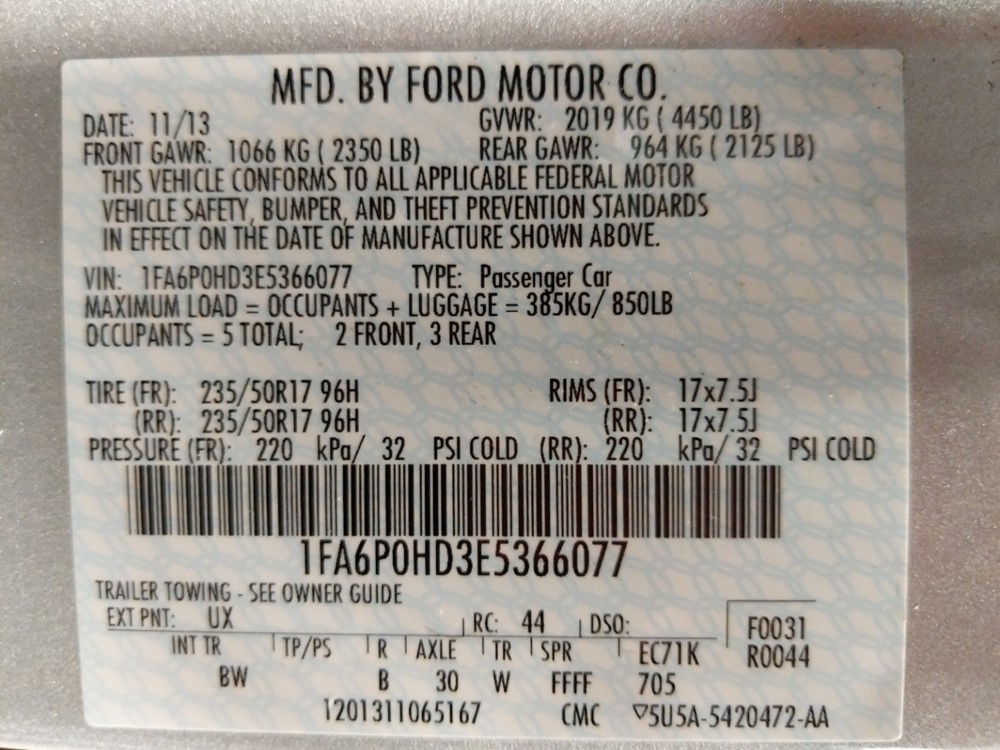 2014 Ford Fusion - VIN Plate