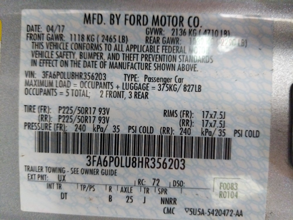 2017 Ford Fusion - VIN Plate