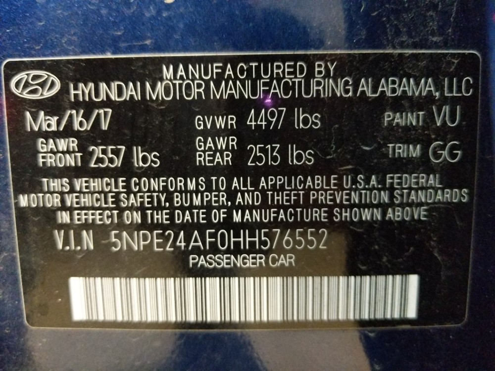 2017 Hyundai Sonata - VIN Plate