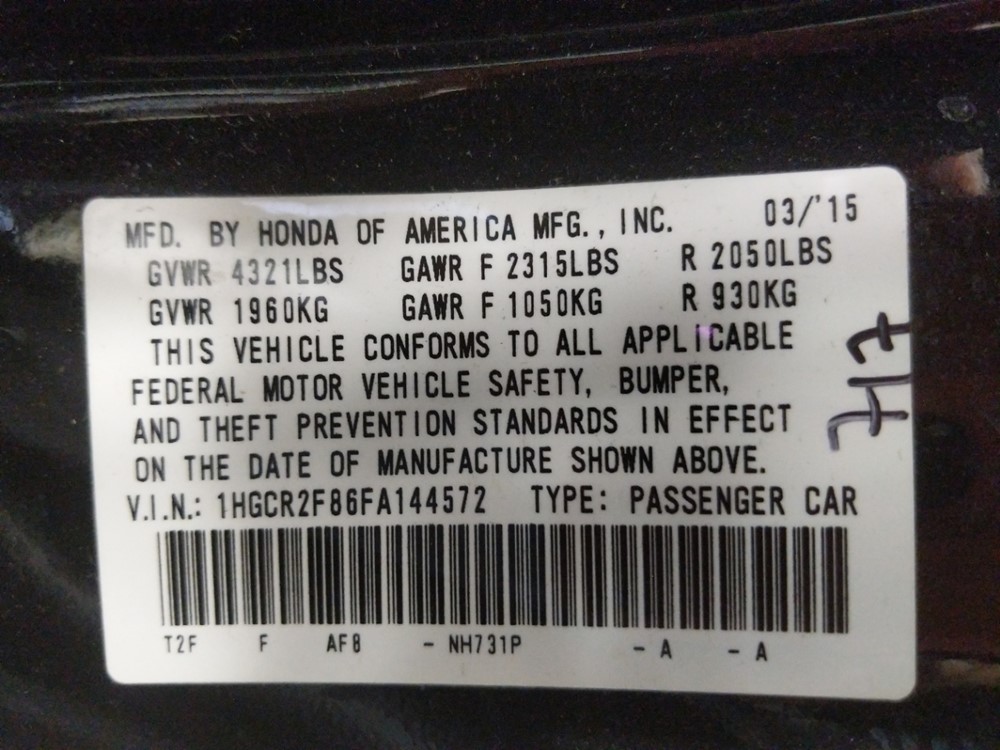 2015 Honda Accord - VIN Plate