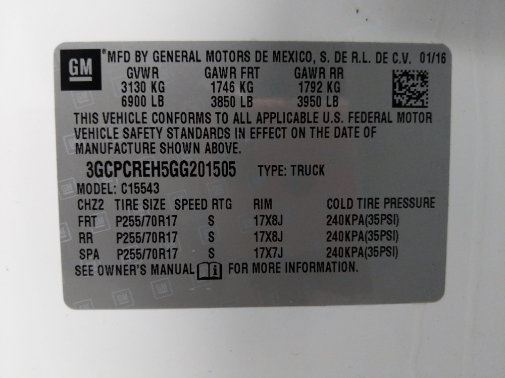 2016 Chevrolet Silverado 1500 - VIN Plate