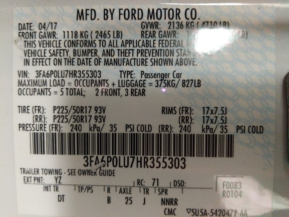 2017 Ford Fusion - VIN Plate