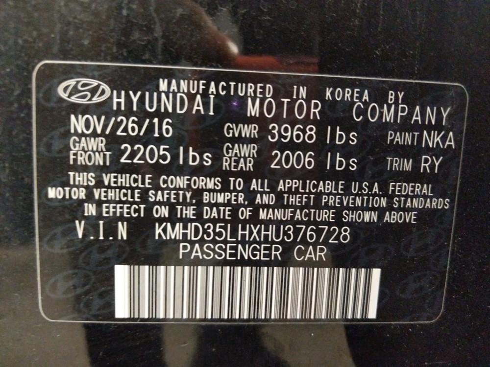 2017 Hyundai Elantra - VIN Plate