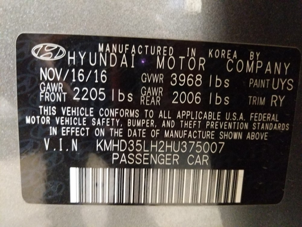 2017 Hyundai Elantra - VIN Plate